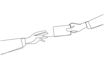 Wall Mural - Single continuous line drawing hand giving debit card. Payment transactions carried out non-cash. Use cards to make things easier. Technology that makes it easy. One line design vector illustration