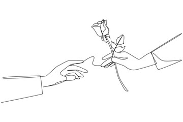 Poster - Single continuous line drawing a man's hand gives a rose to a woman. Trying to do the slightest romantic thing. Doing seduction. Romantic couple. Relationship. One line design vector illustration