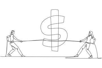 Poster - Single continuous line drawing two businesswomen fighting over dollar symbol. Balancing expenditure with income. Mutual attraction of income. Don't want to give up. One line design vector illustration
