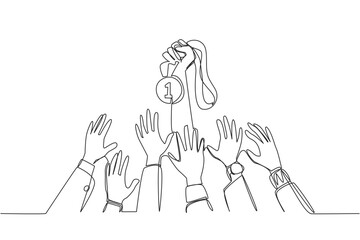 Poster - Single continuous line drawing hand in hand for medal number one. Everyone wants to get it. Fight harder. Trying to be smarter. Business success will arrive. One line design vector illustration