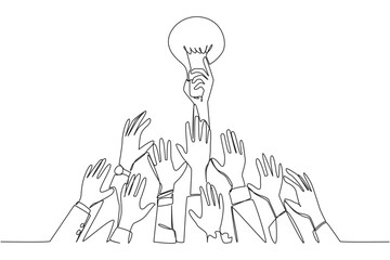 Poster - single one line drawing hands fighting for the lightbulb. fighting over references. create a busines