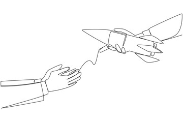 Poster - single continuous line drawing a businessman's hand gives rocket to colleague. put full trust in man