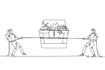 Poster - Single continuous line drawing two businesswomen fight over an open treasure chest. Business competition that harms the environment. Greedy businesswoman. Careless. One line design vector illustration