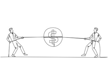 Poster - Single one line drawing two businessmen fighting over a coin with a dollar symbol. Compete for the slightest profit. For a better business life. Bonuses. Continuous line design graphic illustration
