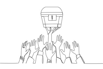 Poster - Continuous one line drawing hands fighting over the treasure chest. Big profits are in grasp. Struggle for profits by employees. Profits requires luck. Single line draw design vector illustration