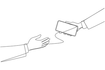 Poster - Continuous one line drawing a businesswoman's hand gives a handphone to colleague. Exchange telephone numbers. Establish relationships with new relations. Single line draw design vector illustration
