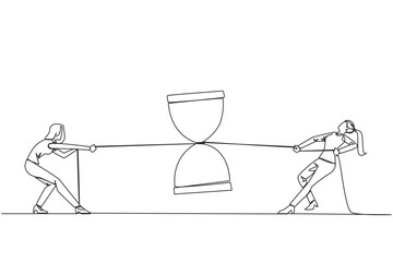 Poster - Single one line drawing two businesswomen fighting over an hourglass. Chasing each other against time. Scramble for extra time at the right time. Deadline. Continuous line design graphic illustration