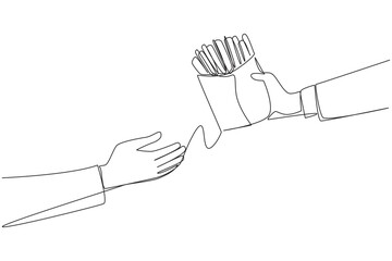 Wall Mural - Continuous one line drawing hand giving french fries. Snack foods that are cut into long strips. Fast food restaurants. Included in the junk food category. Single line draw design vector illustration