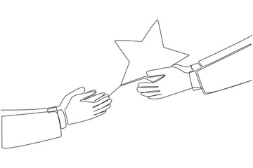 Poster - continuous one line drawing a hand gives a star shape. give the best assessment. a good rating is im