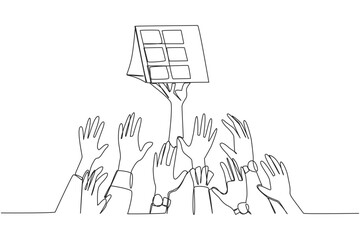 Poster - Continuous one line drawing hands fighting over the desk calendar. Metaphor fighting over year-end holidays. Set the right time for leave. Entertainment. Single line draw design vector illustration