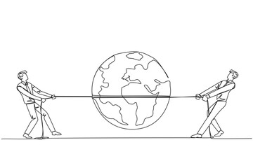 Poster - single one line drawing two businessmen fighting over globe. fighting over strategic locations. busi
