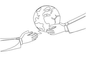 Wall Mural - Single continuous line drawing a hand giving globe to colleague. Inviting you to do a lot of good deeds. For a better earth society. Best policy for a green earth. One line design vector illustration