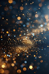 Abstract festive dark background with gold glitter and bokeh. New year, birthday, holidays celebration.
