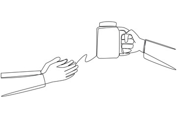 Poster - single continuous line drawing hand giving lemonade drink. a fresh drink that helps prevent someone 