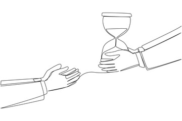 Poster - Single one line drawing a hand gives hourglass to colleague. The countdown begins. Agreement reached. Work must not exceed the deadline. Time management. Continuous line design graphic illustration