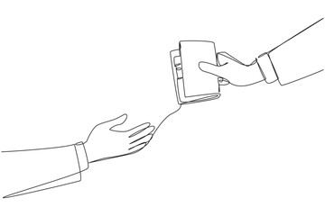 Wall Mural - Continuous one line drawing a hand passes a wallet to colleague. Full trust is given. Manage finances well. Reach the maximum limit of business profits. Single line draw design vector illustration