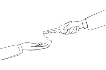 Poster - Single continuous line drawing a hand gives a key to a coworker. Full trust is given. Fix anything that's broken. Keep it up. Business that will continue to grow. One line design vector illustration