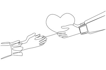 Poster - Single one line drawing a hand gives a heart shape to its partner. Fall in love. Ready to give heart and soul. Invitation to get married. Romantic couple. Continuous line design graphic illustration