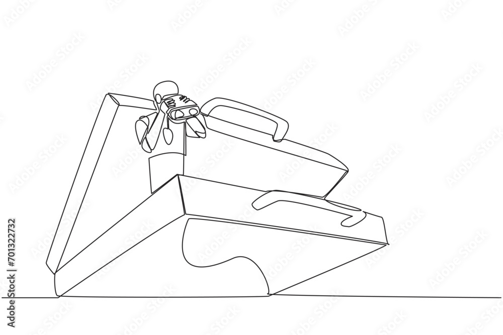 Single continuous line drawing a smart robot emerges from the briefcase ...