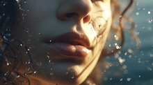 Close-up Of A Woman's Lower Canal Standing Against A Background Of Splashing Water Droplets. Grooming. Cosmetics Photo, Beauty Industry Advertising Photo.
