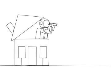 Poster - Single one line drawing young astronaut emerges from the miniature house looking for something through binoculars. Feeling homesick. Too long in space. Continuous line design graphic illustration