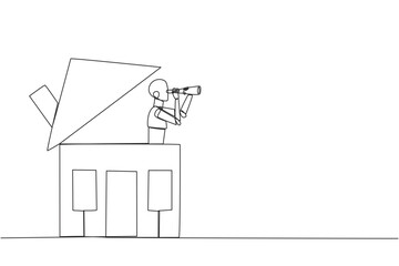 Poster - Continuous one line drawing a smart robot emerges from the miniature house looking for something through binoculars. Scan. Analyze needs. Future smart home. Single line draw design vector illustration