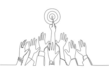 Poster - continuous one line drawing hands fighting over arrow target board. struggle towards success that ma