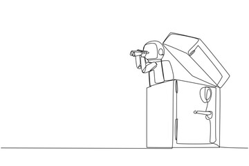 Poster - single one line drawing astronaut emerges from safe deposit box look for something with binocular. l