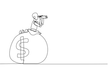 Poster - Single continuous line drawing a smart robot emerges from the money bag looking for something through binoculars. Scan. Analyzing the authenticity of money. One line design vector illustration