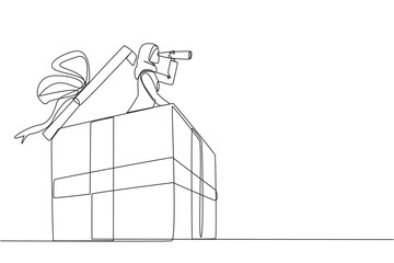 Poster - Single continuous line drawing Arab businesswoman emerges from gift box look for something with binocular. Looks other opportunities to turn it into profitable business. One line vector illustration