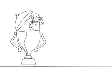 Poster - single one line drawing astronaut emerges from trophy looking for something with binoculars. looks f