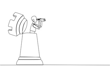 Poster - Continuous one line drawing a robot emerges from the rook chess pieces looking for something with binoculars. Scan. Analyzing strategy. Execute the mission. Single line draw design vector illustration