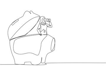Poster - Continuous one line drawing Arabian businesswoman pops out of piggy bank look for something with binoculars. Looking for reliable investment for retirement. Single line draw design vector illustration