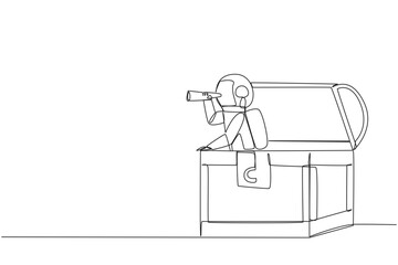 Poster - Single one line drawing astronaut emerges from the treasure chest looking for something with binocular. Get lots of valuable materials to observe on earth. Continuous line design graphic illustration