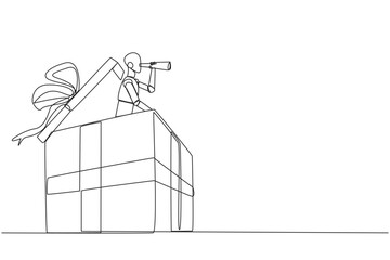 Poster - Single one line drawing a robot emerges from gift box looking for something through binoculars. Scan. Analyze business performance. It's time to give gifts. Continuous line design graphic illustration