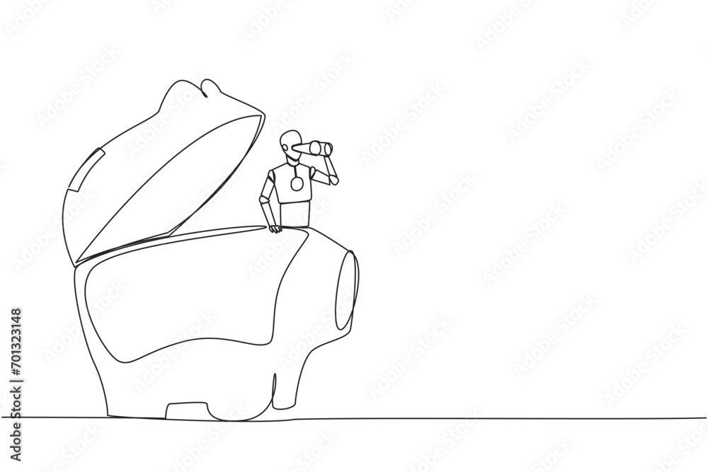Continuous one line drawing a smart robot emerges from a piggy bank ...