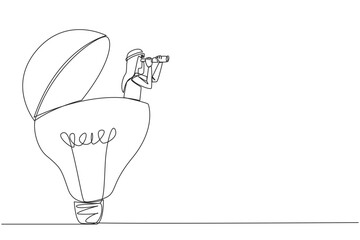 Poster - continuous one line drawing arabian businessman pops out of a lightbulb looking for something throug