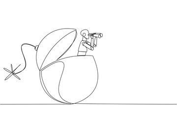 Poster - Single continuous line drawing a smart robot emerges from bomb with burning fuse looking for something with binoculars. Scan. Analyze the level of danger. Deadline. One line design vector illustration