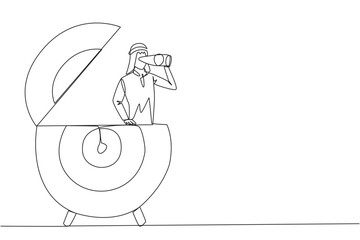 Poster - Single continuous line drawing Arab businessman appears out of arrow board target look for something through binoculars. Search for the lost one; focus on business. One line design vector illustration