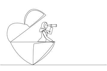 Poster - Single continuous line drawing Arab businesswoman emerges from heart shape look for something with binoculars. Success in business because of support from family. One line design vector illustration
