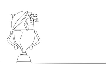 Poster - Single continuous line drawing a robot emerges from trophy looking for something through binoculars. Scan. Analyze strengths of business rival. Become winner again. One line design vector illustration