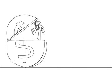 Poster - Continuous one line drawing businessman emerges from dollar symbol coin look for something through binoculars. Complete business agreement by getting cash. Single line draw design vector illustration