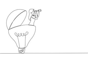 Poster - Single one line drawing businesswoman comes out of lightbulb look for something through binoculars. Looking for inspiration. Look around for bright ideas. Continuous line design graphic illustration