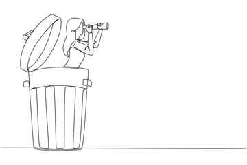 Wall Mural - Continuous one line drawing businesswoman comes out of a trash can looking for something through binoculars. Not interested in backbiting. Throw gossip. Single line draw design vector illustration