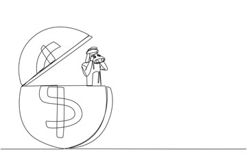 Wall Mural - Single one line drawing Arabian businessman pops out of a dollar symbol coin looking for something through binoculars. Save slowly for a calmer old age. Continuous line design graphic illustration