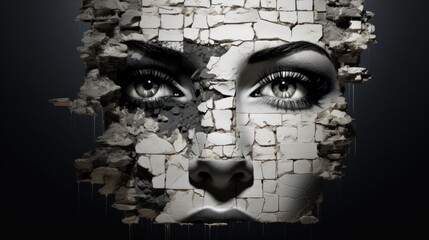 Sticker -  a woman's face is shown through a hole in the wall of a brick wall, with the image of a woman's face painted on it.