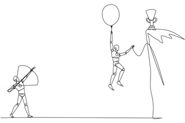 Poster - Continuous one line drawing smart robot wants to achieve prizes at the peak of the career. Getting resistance from all directions. Painful failure. Traitor. Single line draw design vector illustration