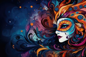  Beautiful girl with fantasy face. Abstract colorful background. Abstract background February 26: Carnival Day or Mardi Gras or Bali Hindu New Year