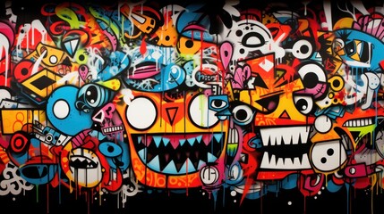 Wall Mural -  a wall covered in lots of graffiti with lots of different colors and sizes of skulls and monsters painted on it.