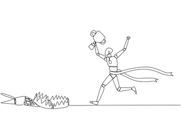 Poster - single continuous line drawing smart robot running with trophy. a dangerous business trap. a trap th